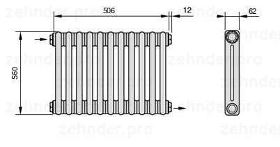 Схема (чертеж) Радиатор Zehnder Charleston 2056/11 №1670 Белый глянцевый RAL 9016